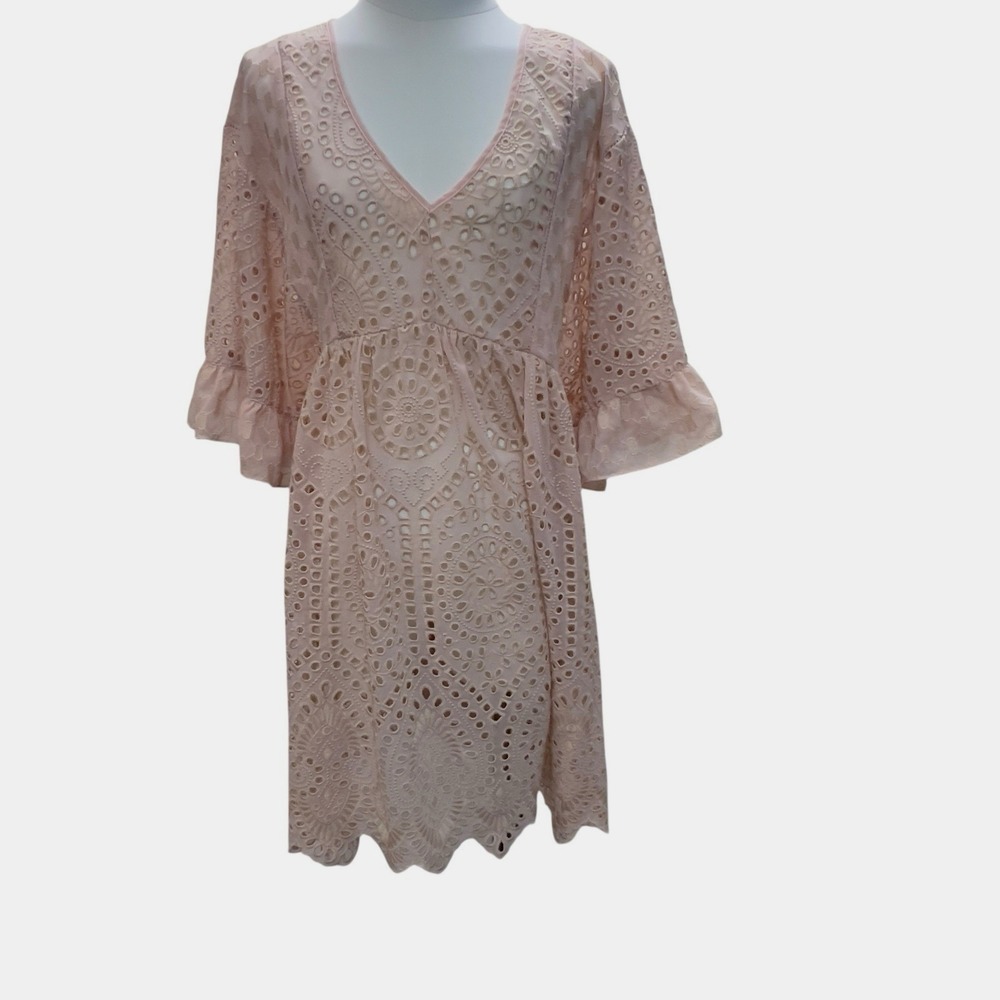 ANTHROPOLOGIE Akemi+Kin Brooke Eyelet Baby Doll Dress Size 10 Pale Pink No Liner